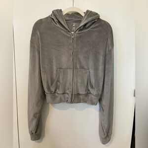 SKIMS Grey Velour Cropped Hoodie